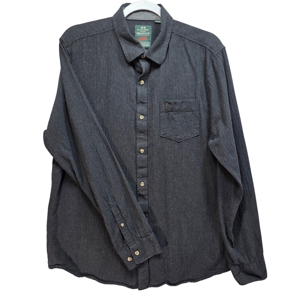 Racing Green Button Down Shirt Mens Large Charcoal Cotton Long Sleeve Textured